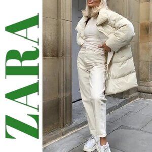 ZARA Mid Length Oversized Cocoon Puffer Coat Cream Water Resistant, Size Large
